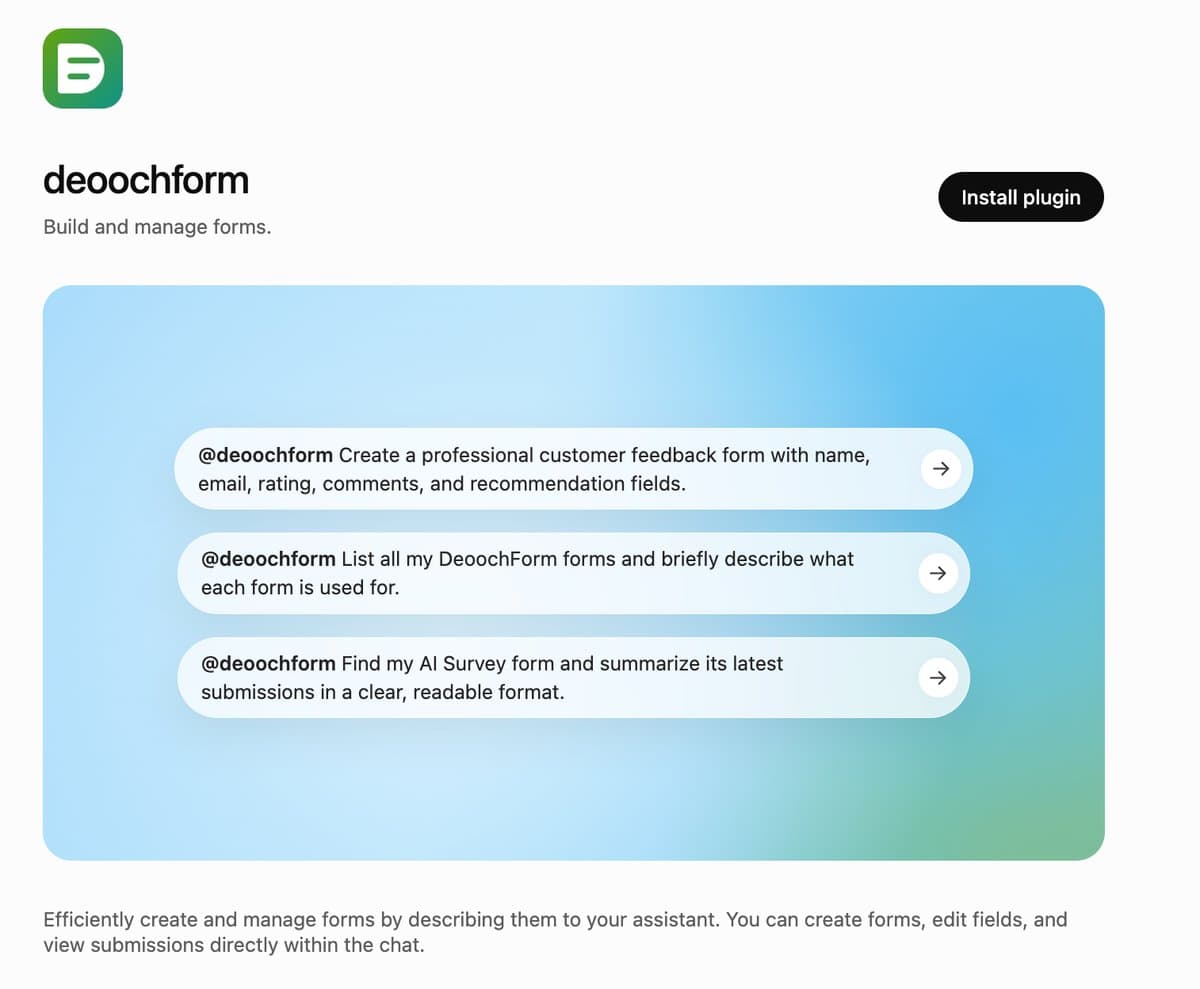 The deoochform listing in the ChatGPT app directory, with the Install plugin button and example prompts